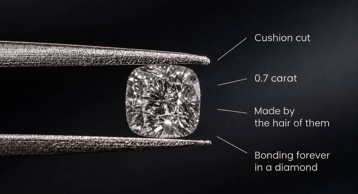 A cushion-cut diamond in tweezers, its grading called out beside it