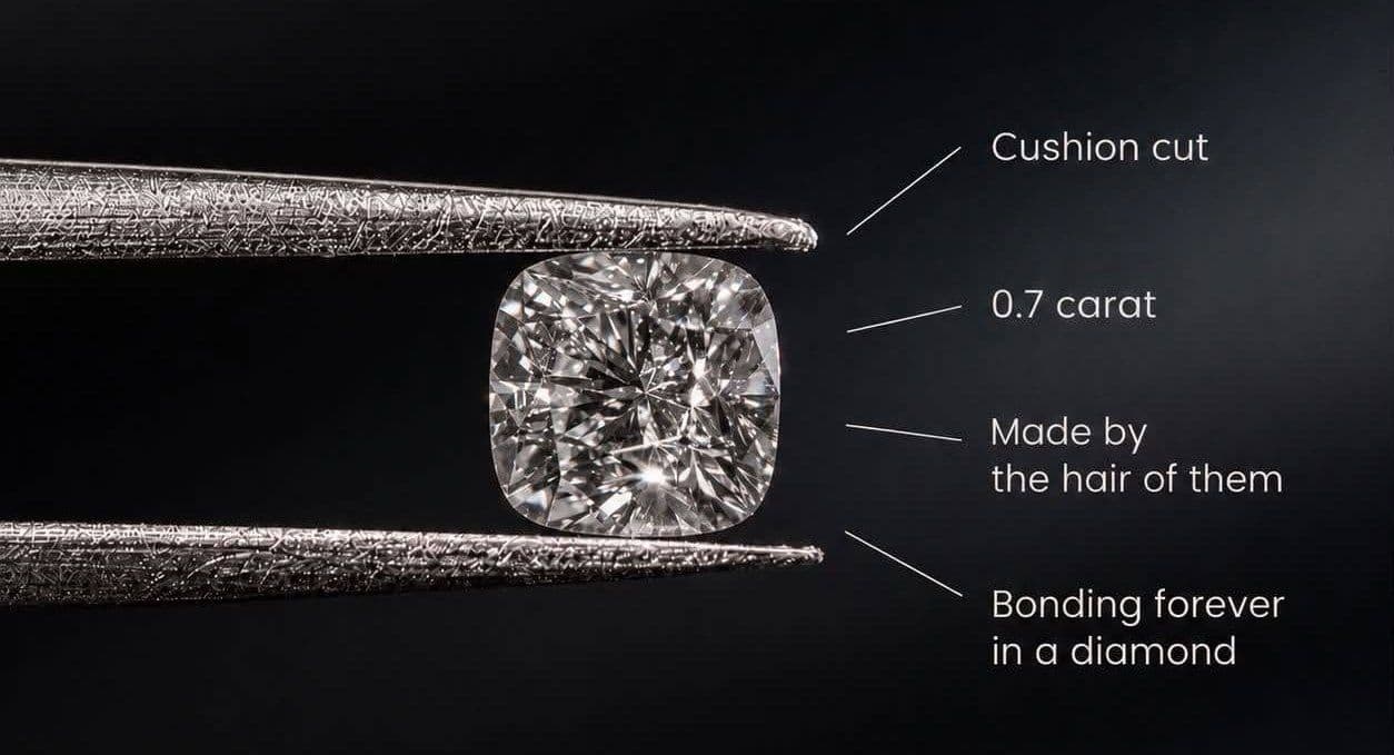 A cushion-cut diamond in tweezers, its grading called out beside it
