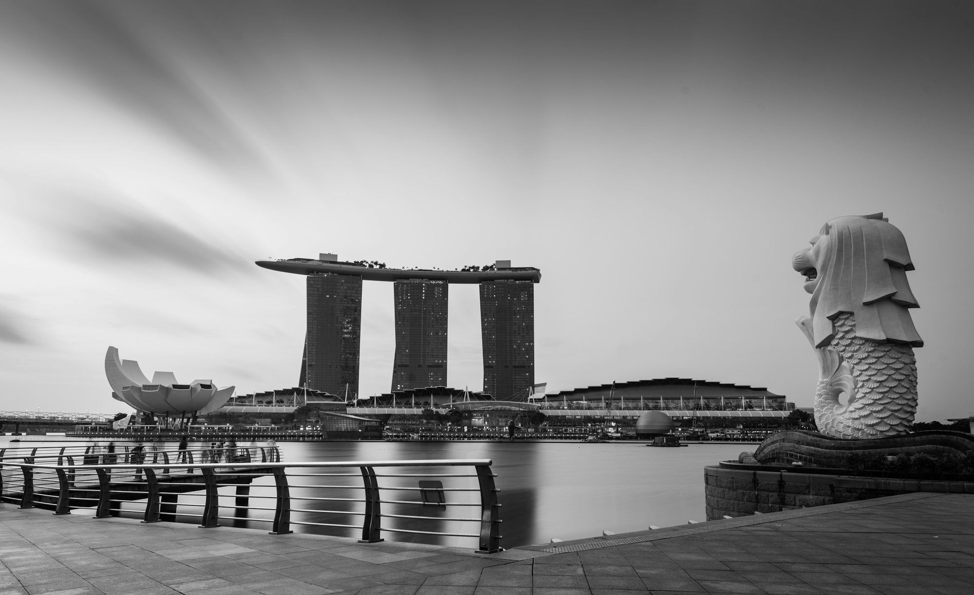 The Singapore skyline at Marina Bay in monochrome